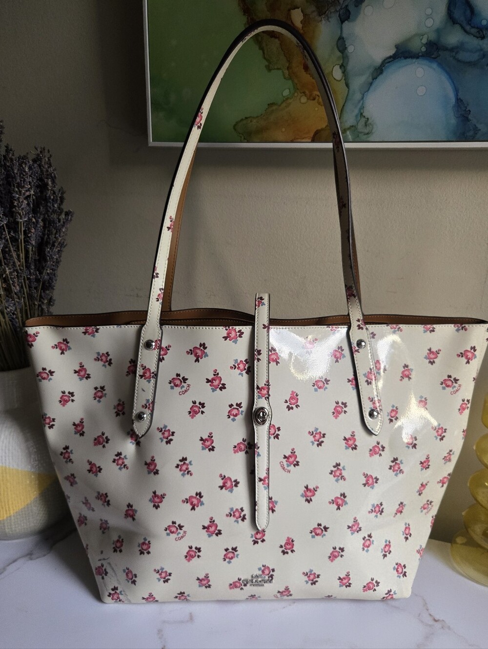 🌸EUC Coach Market Floral Bloom Patent Leather Large Tote Bag🌸